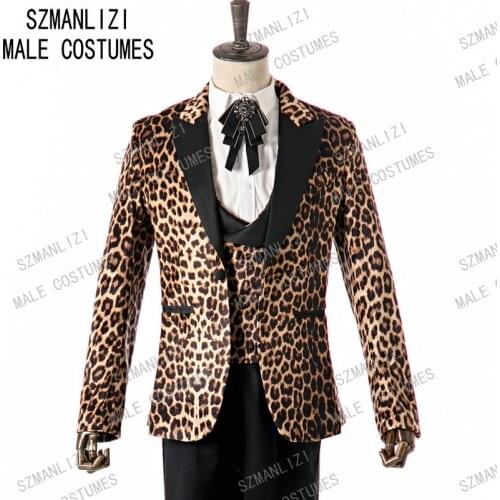 SZMANLIZI 2020 Leopard Print Men Suit 3 Piece Groom Wedding Blazer For Men Groomsmen Peaked Lapel Slim Fit Wedding Party Tuxedo