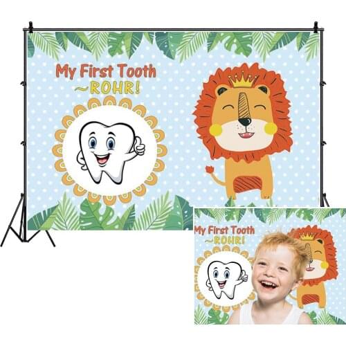 Laeacco Sweet Cute My First Tooth Lion Blue Dots Customized Poster Baby Cartoon Photozone Photo Background Photography Backdrop