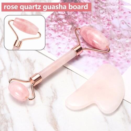 Natural Rose Quartz Jade Stone Roller w Facial Massager Guasha Board Facial Massage Anti-aging Anti-wrinkles Line Skin Tool