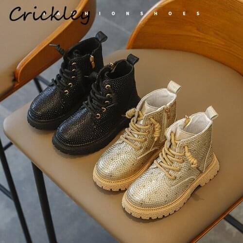Bling Crystal Girls Fashion Boots Designer PU Leather Short Boots For Kids Comfortable Anti Slip Zipper Children Ankle Boots