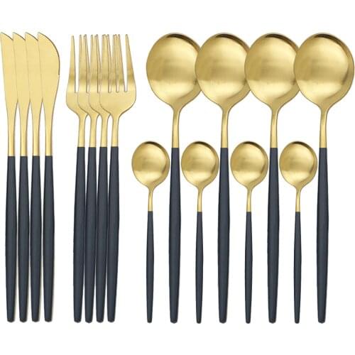 16Pcs Matte Black Gold Dinnerware Set Cutlery Set 304 Stainless Steel Tableware Knife Fork Spoon Silverware Kitchen Flatware Set