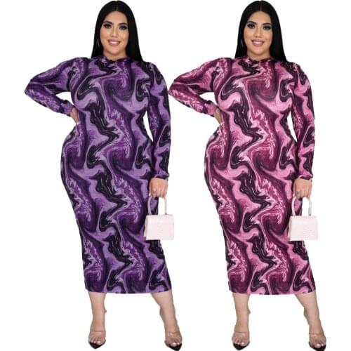 Purple Print Sheath Maxi Dresses Sexy Fashion Women Slim Dress Round Neck Long Sleeve High Quality Bodycon Long Dress Plus Size