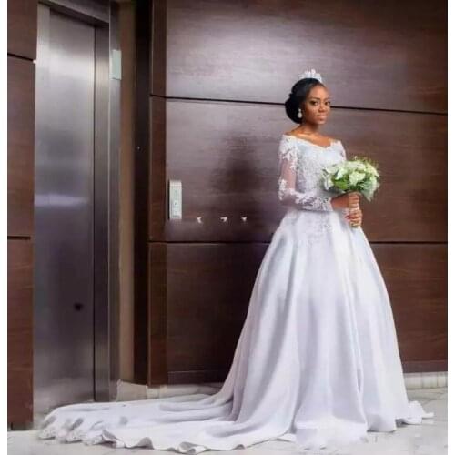 A-Line V Neckline Long Sleeves Wedding Dresses 2021 Sweep Train Arabic African Bridal Gowns Vestidos De Noiva