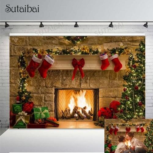 Christmas Tree Fireplace Backdrop Photography Santa Claus Sock Gifts Photo Background Portrait Customization Photo Studio Props
