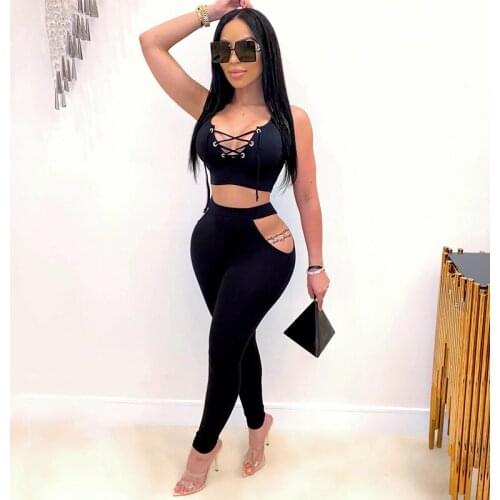 Sexy Two Piece Set Hollow Out Cross Bandage Sleeveless Crop Top + Long Pants Tracksuit Clothes For Women Solid 5 Color
