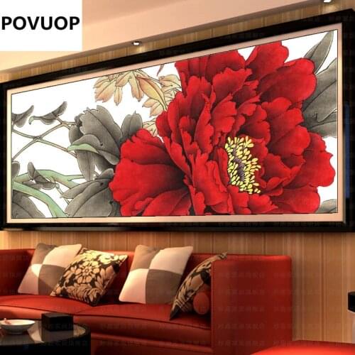 POVUOP Silk thread embroidery 148X53cm print red peony cross stitch ink peony blooping rich great blessing cross-stitch