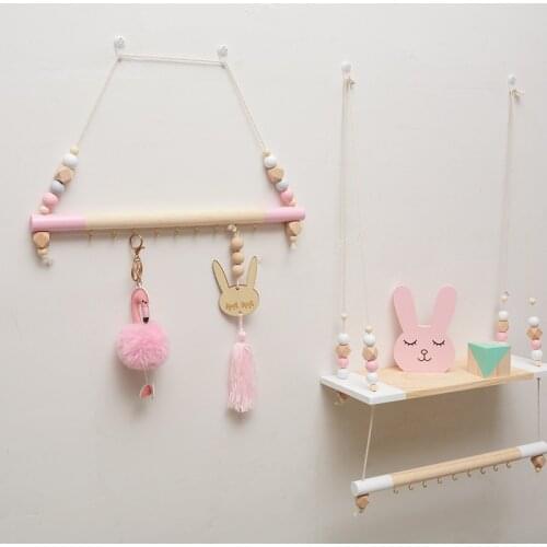 Nordic Decorative Storage Rack Wall Rope Hanging Shelf Double Wooden Bead Tassels Shelves Home Hook Kids Children Room Coat Rack