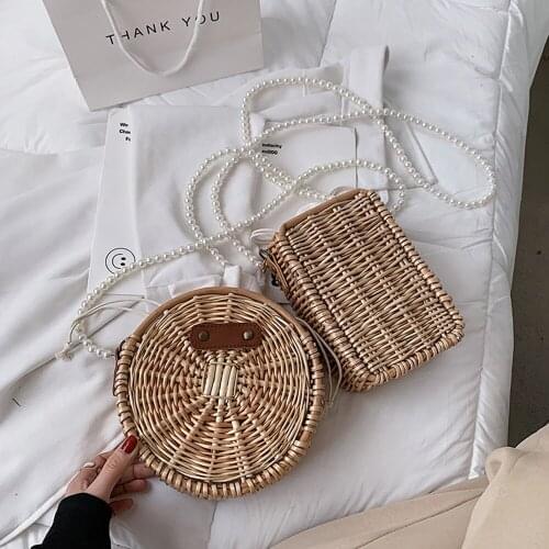 Fashion Pearl Chain Ladies Straw Bag Female Handbag Summer New Rattan Bag Handmade Woven Bohemia Beach Shoulder Messenger Bags