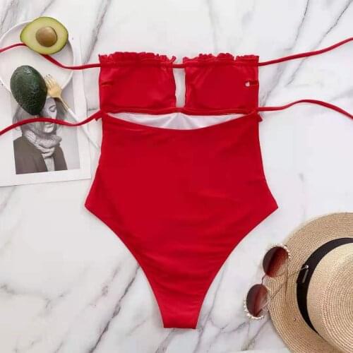 Spot 2021 new foreign trade European and American fashion lotus leaf tube top hollowed out personality all-in-one swimsuit