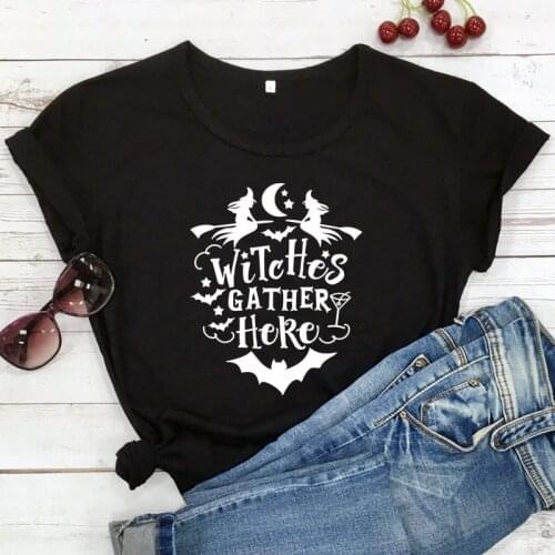 Women Autumn Holiday Graphic Party Tee Shirt Top Witches Gather Here T-shirt Funny Halloween Witchy Costume Tshirt