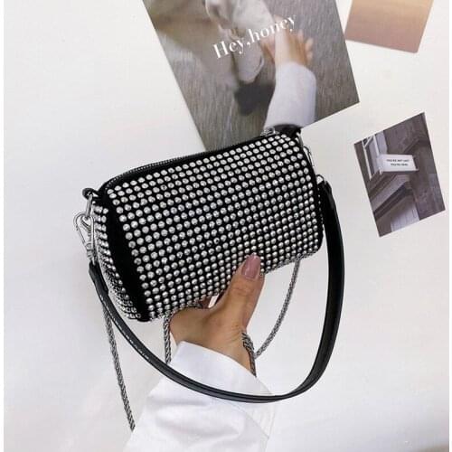 Female Bag New Trendy Fashion Chain Rhinestones Diagonal Bucket Bag One-Shoulder Armpit Bag 18X12X8cm