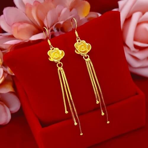 Korean Women 14K Gold Drop Earrings with Long Tassel Ear Clip Yellow Rose Flowers Earrings for Female Girlfriend Birthday Gifts