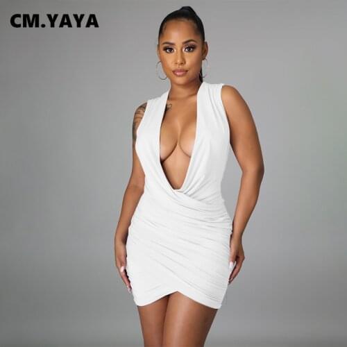CM.YAYA Women Sexy Night Party Deep V-neck Stacked Irregular Mini Bodycon Midi Dress 4 Colors