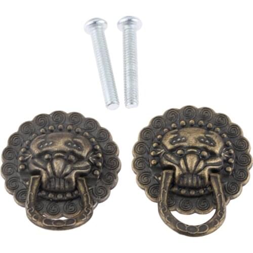 2 Pcs Antique Bronze Vintage Lion Head Box Door Handle Pulls Zinc Alloy Cabinet Dresser Drawer Knobs Furniture Hardware 29*37mm