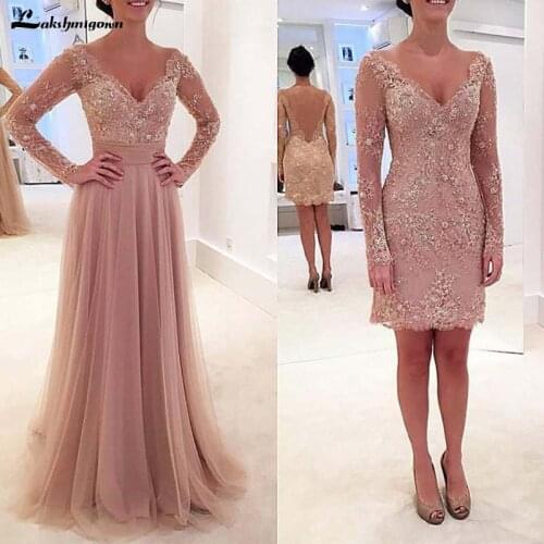 2020 Mother Of The Bride Dresses Formal Wedding Party Gowns Long Sleeve V-Neck Removable Dusty Pink vestido de madrinha farsali