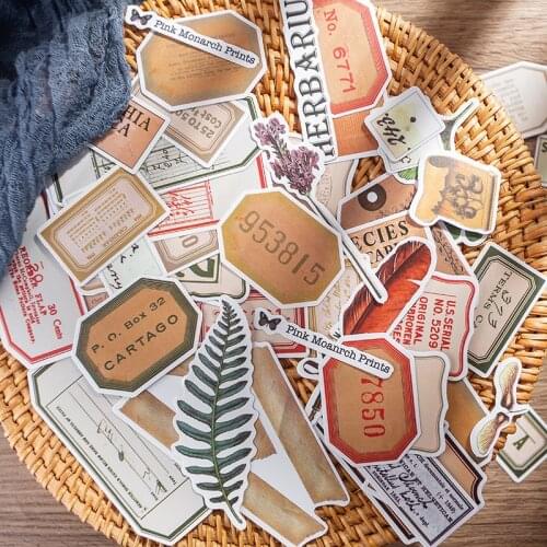 60Pcs Junk Journal Vintage Paper Journal Material Stickers Old Plant Fern Bill Label Scrapbook Account DIY Stickers