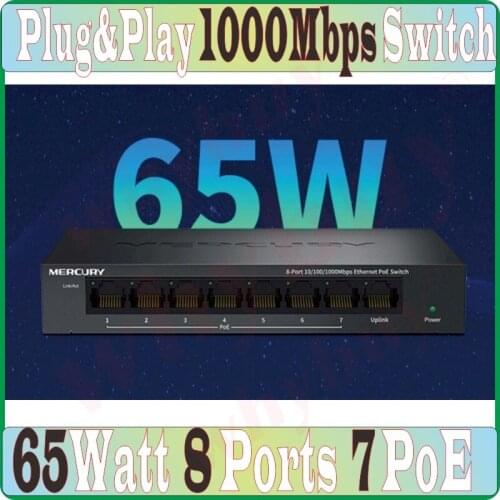 8 ports 7 poe 65W 1000Mbps MCU PoE switch IEEE802.3af PoE suit for PoE camera or AP Network Switches, 15.4W RJ45 port, Plug&Play