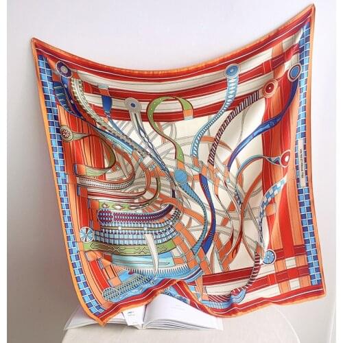 90cm Silk Scarf Women Loop Headband Print Manual Hand Square Scarves Spain Echarpes Foulards Femme Wrap Bandana Small Hijab