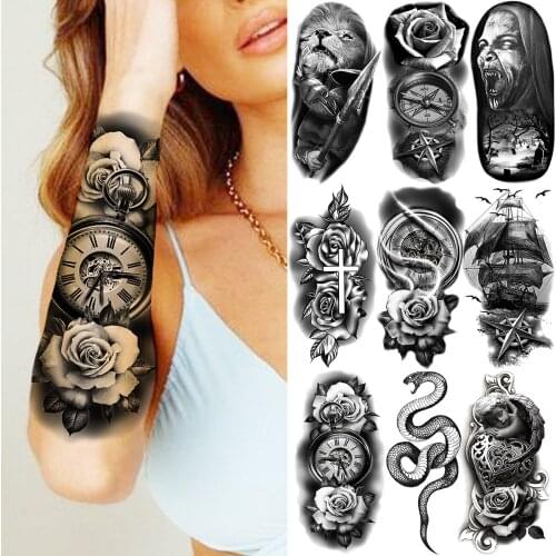 Compass Flower Temporary Tattoos For Women Girls Realistic Lion Vampire Snake Pirate Ship Fake Tattoo Sticker Arm Body Tatoos 3D