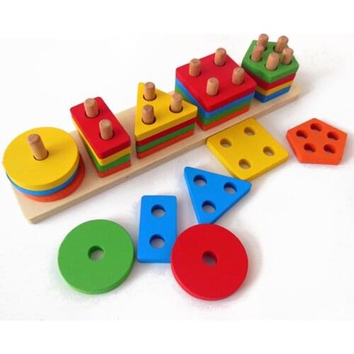 Early Childhood Education Wooden 3D Geometry Shape Multifunctional Geometric Sleeve Pair Shape Column Matching Block Toy Gift