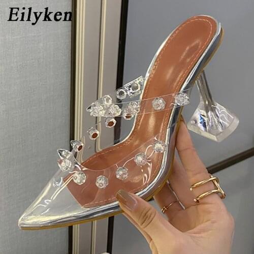 Eilyken Transparent PVC Pumps Women Fashion Crystal Rivet Clear Perspex High Heels New Pointed Toe Ladies Wedding Sandals Shoes