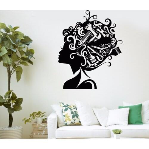 Art Vinyl Wall Decal Sticker Barber Tools Beauty Girl Face Hairstyle Grooming Salon Spa Barber Shop Decor Scissors Comb B036