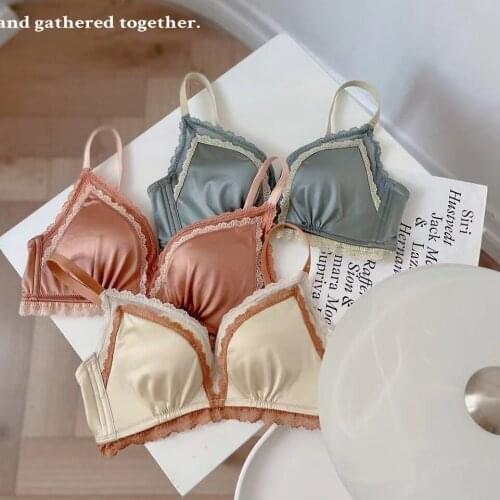 2021 Fall Winter Satin Cotton Comfortable Bra Set Push Up Adjustable Women Bralette Panties Retro Thicken Small Underwear Suits