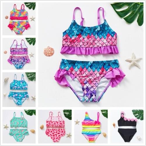 2~16Year Girls Swimsuit Kids Swimwear Cute print Kids Bikini Sets Ruffle style Children swimwear Kids Beach wear-ST110MIX