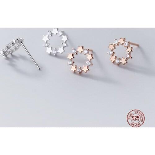LKO 925 Sterling Silver Jewelry Earrings Fashion Hollow Out Round Zircon Star Stud Earrings For Women Wedding Party Gifts