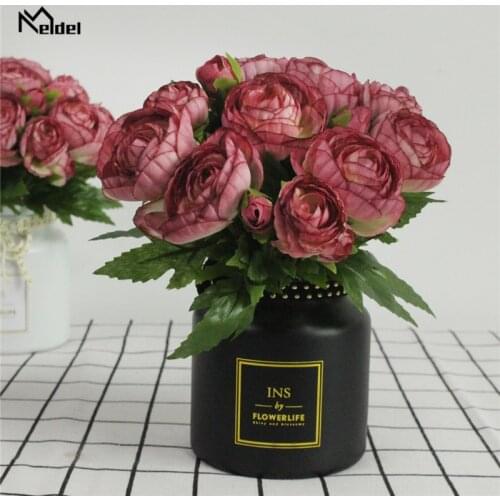 Meldel 10 Heads Burgundy Artificial Tea Rose Flower Bridal Bouquet Wedding Decoration Fake Mini Rose Silk Flower Home Table Vase