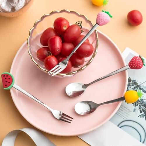 Cute Fruit Fork Cartoon Stainless Steel Ice Cream Dessert Stirring Spoon Teaspoon Tableware Kitchen Supplies Tableware