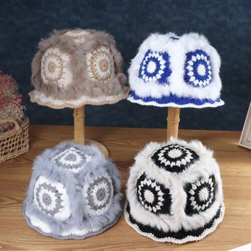 New Panama 2021 women fashion Real rabbit fur hats pure cotton Winter hat foldable Hollow Crochet Knitting Bucket hat