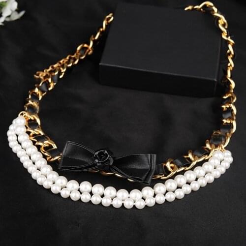 Fashion luxury belt classic leather hot brand chain belt for women flower diamonds beading pearl sashes black sheepskin leather