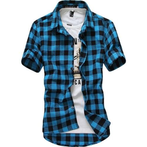 CUHAKCI Printed Plaid Shirts Men Multicolor Grid Blouses Summer Fashion Red Blue Clothes Short Sleeve Male Tops XXXL
