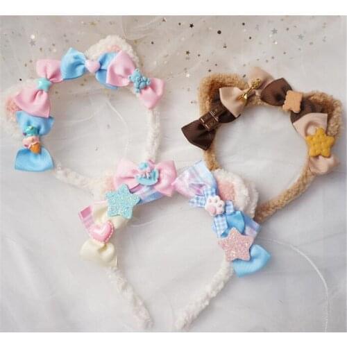 Handmade Lolita Plush Cat Ears Bow Hair Band Girl Cosplay KC Headband Hair Hoop B1575