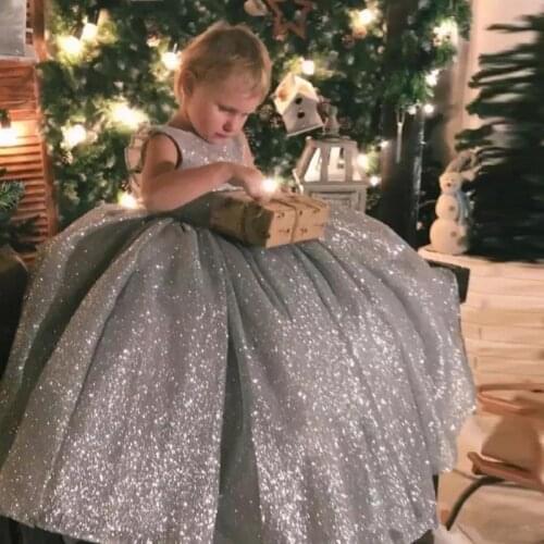 Silver Shiny Kids Flower Girl Dress For Wedding Birthday Fluffy Princess Birthday Party Pageant Gown Holy First Communion Girl