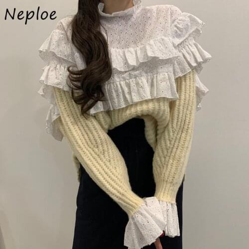 Neploe Vintage Court Style Lace Hook Flower Sweater Stand Collar Long Sleeve Draped Pull Femme Fake Two Piece Fashion Sueter