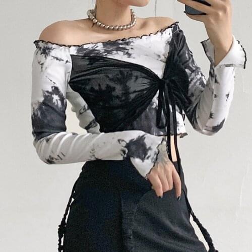 Echoine Sexy T-shirt Women Ink Painting Lace Overlay Strap Off-Shoulder Long Sleeve Casual Chic Short Top Elegant Autumn Clothes