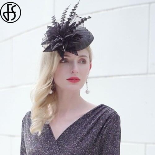 FS Women Chic Fascinator Hat Sinamay Feather Black Pillbox Hats Cocktail Wedding Party Church Headpiece Fashion Headwear Bride