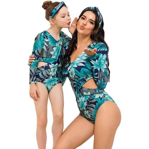 Family Swimwear Lady Long Sleeve Swimwear Floral Print Beachwear Hollow Out Back Swimwear Mother Daughter Bathing Suits