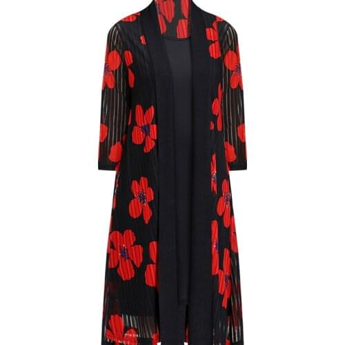 Plus Size 5XL Middle-aged Female Summer Elegant 2 Piece Dress Set floral print Casual Lace Cardigan+Tank Dress Midi