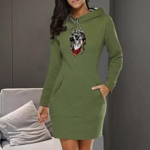 Women Fleece Longer Hoodie Dress Dog Print Autumn Winter Warm Clothes Lady Pullovers Drawstring Hooded Coat Female Fashion