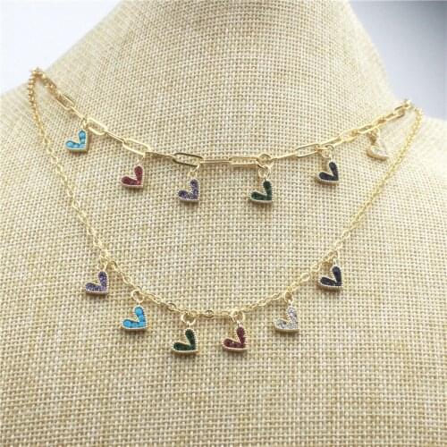 10pcs/lot New design colorful cz charm necklace,heart shape cubic zircon jewelry,popular copper chain necklace cheap wholesale