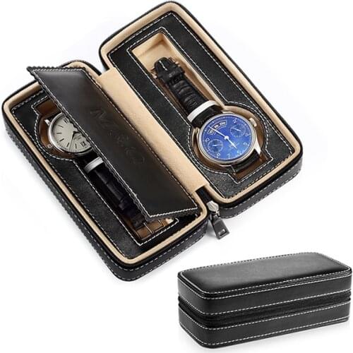 2 Grids PU Leather Watch Box Watch Organizer Storage Watches Display Case Tray Zippere Travel Jewelry Watch Box jewelry box