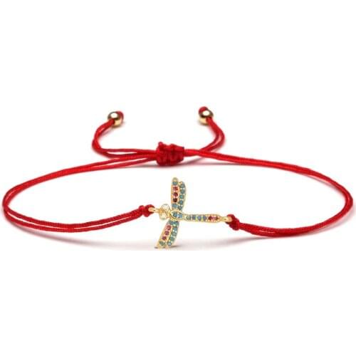 AAA Cubic Zirconia Copper Insect Dragonfly Charm Bracelet Women Cute Animal Odonata CZ Black Red String Crafted Jewelry Present