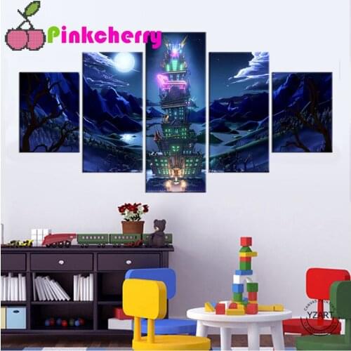 5 Panel Night boat cartoon Landscape diamond painting Full Square Round drill 5d diamond embroidery cross stitch,k988