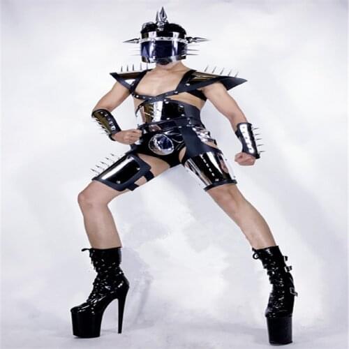 BC68 Ballroom dancer Metal rivets costumes mens robot suit mirror stage show wears helmet mask bar dj party Gothic dress party