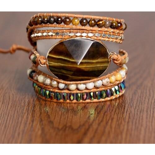 Exclusive Women Beads Wrap Bracelet Tiger Eye Charm 5 Times Leather Strap Bracelets Multilayers Beadwork Bracelet
