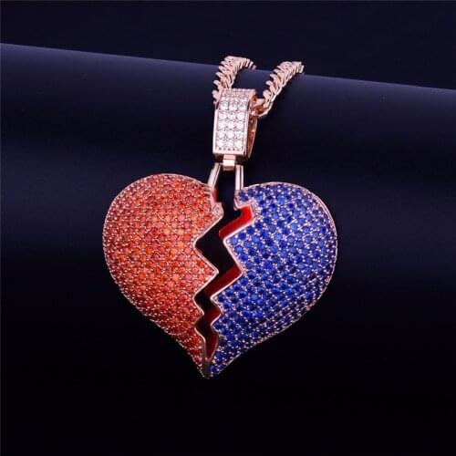 Two-Tone Blue Red Cubic Zircon Broken Heart Pendant Iced Out Couple Necklace For Men Women Hip Hop Party Jewelry