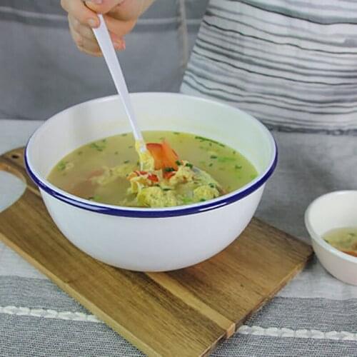 Enamel Bowl Fruit Salad Noodle Rice Ramen Soup Bowls Chopsticks Spoon Fork Cutlery Dinnerware Retro Restaurant Kitchen Tableware